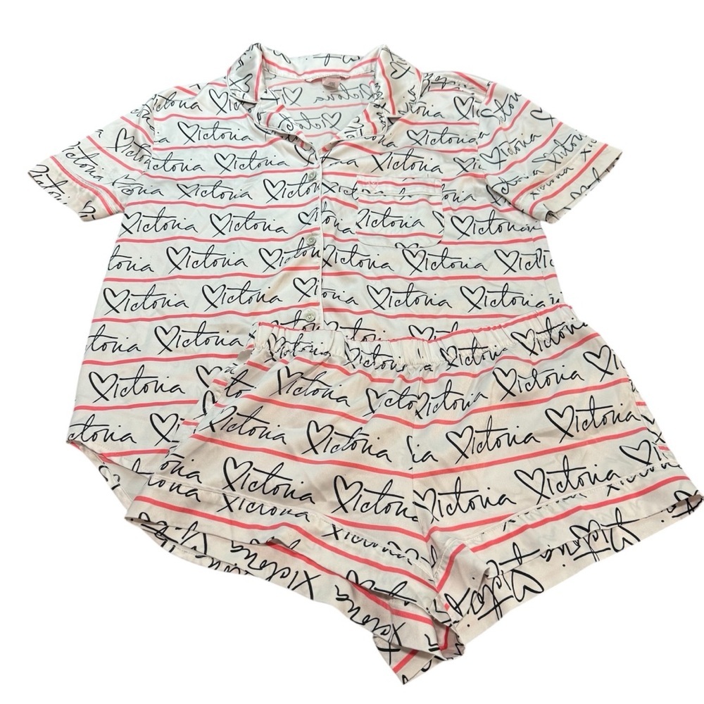Victoria’s Secret  2 Piece S Logo Satin Pajamas Set Button Up Top/Shorts HEARTS